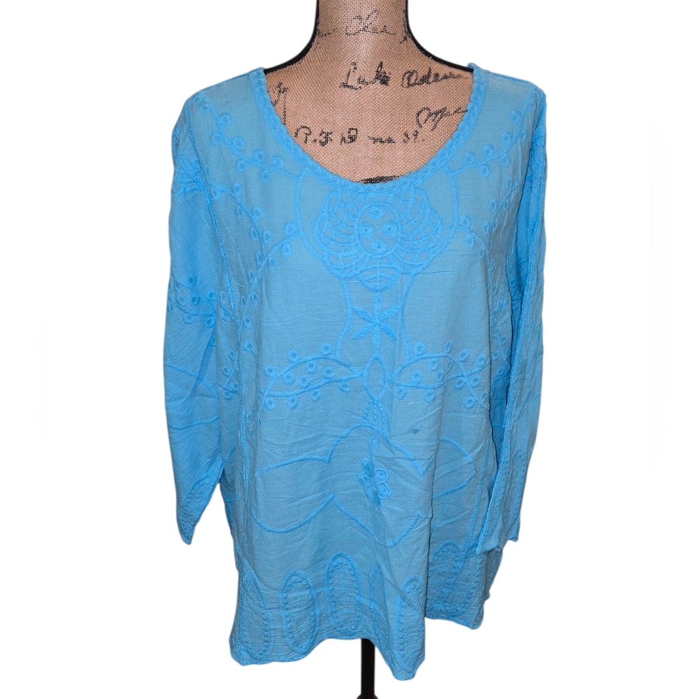 Blu Dahlia Embroidered‎ Aqua Blue Cotton Long Sleeve Tunic Top Plus Size 3X